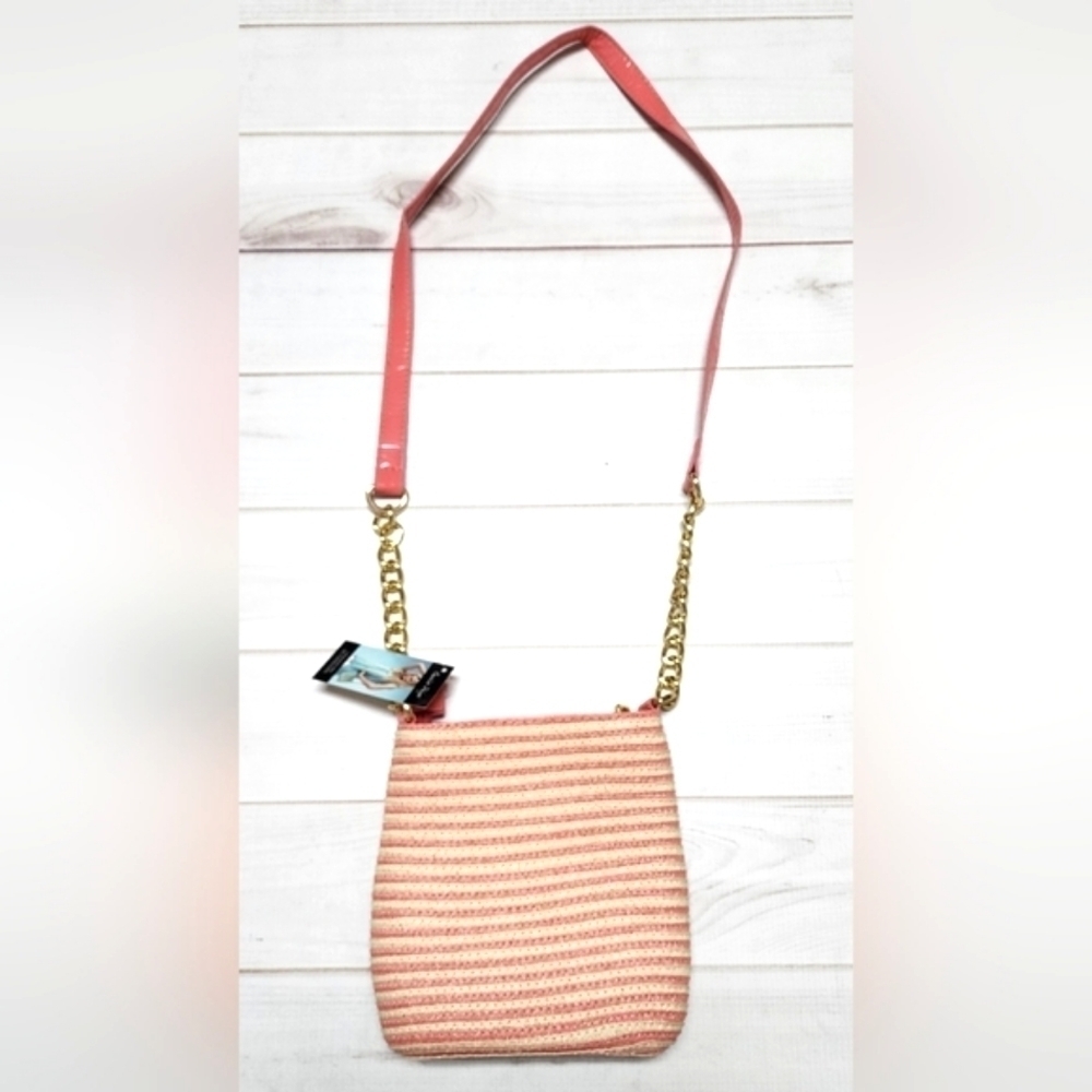 Charlie Paige Pink and Cream Straw Crossbody Bag - New With Tags